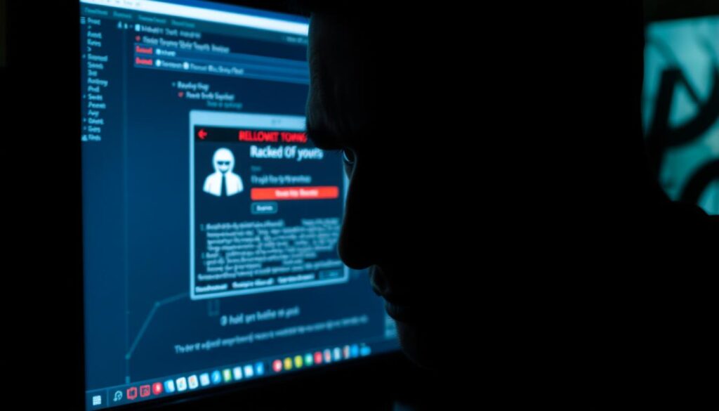 A close-up view of a computer screen displaying a menacing-looking malware program disguised as a cracked or pirated software application. The screen is dimly lit, casting an ominous glow on the user's face. The malware's user interface appears deceptively similar to a legitimate software program, luring unsuspecting users to install it. In the background, dark shadows and distorted shapes suggest the hidden dangers and unseen threats lurking within the hacked software. The overall atmosphere is one of unease, tension, and the potential for serious consequences from engaging with such risky digital content.