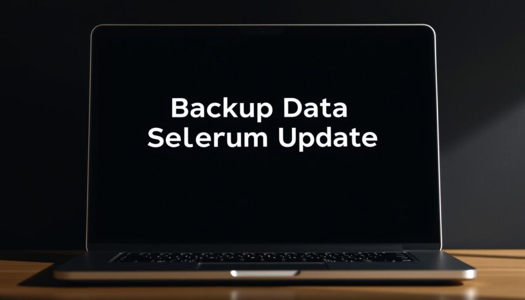 A close-up view of a laptop screen displaying the words "Backup Data Sebelum Update" against a dark, minimalist background. The laptop is positioned at a slight angle, casting subtle shadows and creating a sense of depth. The screen's brightness is balanced, illuminating the text without overwhelming the scene. The overall mood is one of caution and preparation, reflecting the need to safeguard data before a software update. The composition is clean and uncluttered, placing the focus squarely on the crucial message.