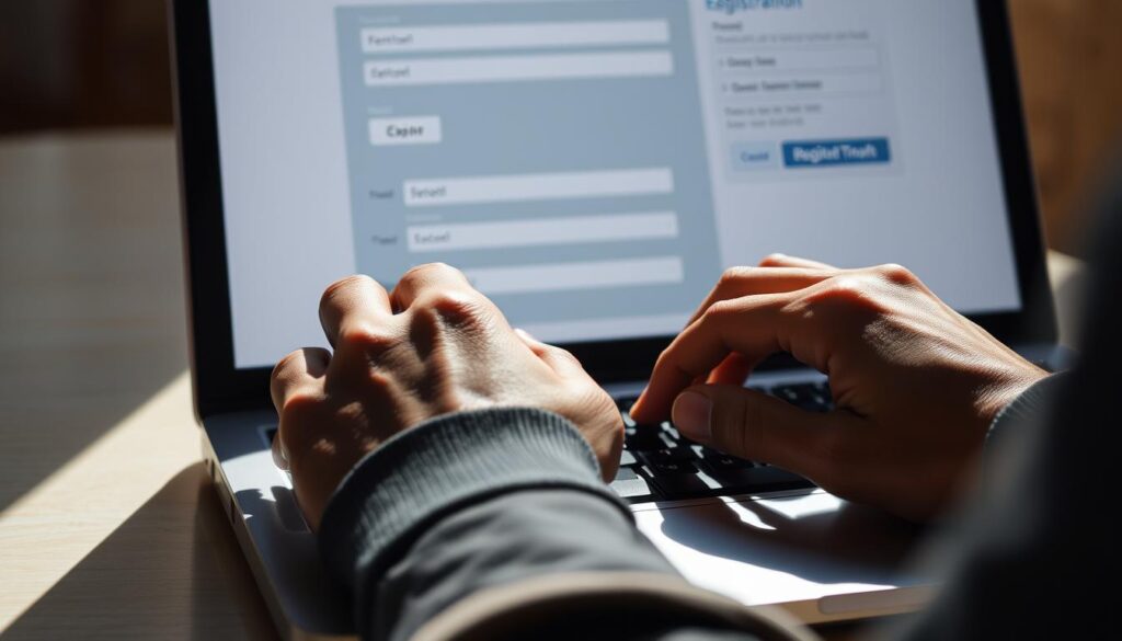 A close-up view of a person's hands filling out an online registration form on a laptop screen. The scene is brightly lit from the side, casting dramatic shadows and highlighting the textures of the hands and keyboard. The background is slightly blurred, keeping the focus on the registration process. The composition emphasizes the user's engagement and the sense of accomplishment in successfully navigating the registration steps. The overall mood is one of focus, determination, and a smooth, seamless user experience.