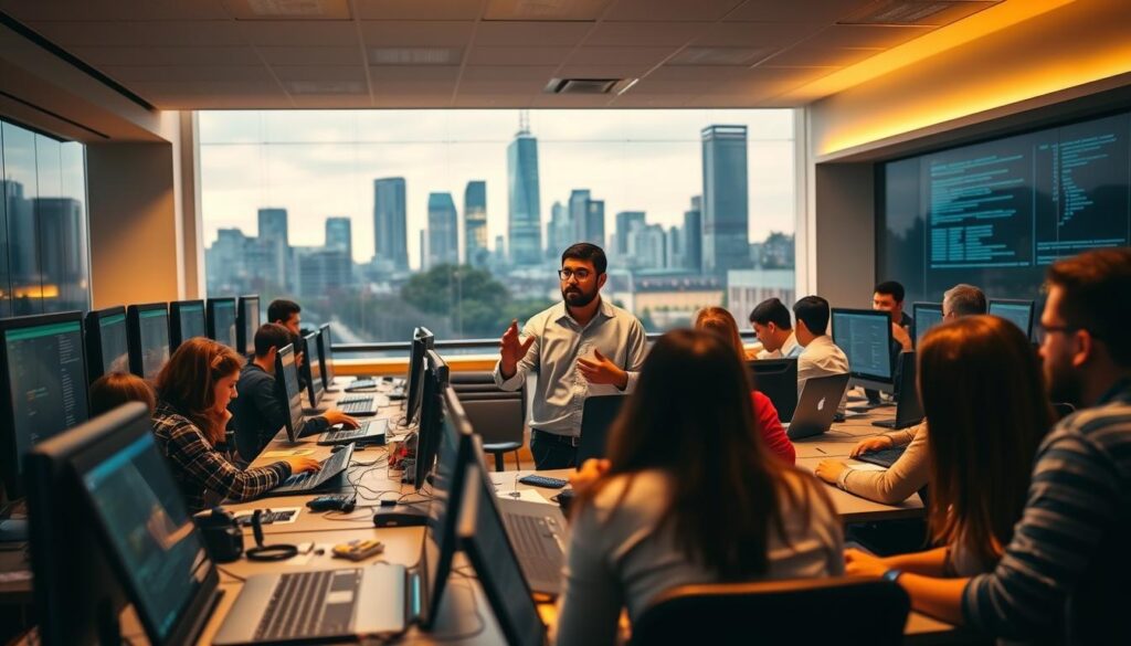 A college campus setting, with a modern, well-equipped computer lab in the foreground. Students deeply engaged in their studies, surrounded by the latest technology - laptops, tablets, and coding interfaces. In the middle ground, a professor gesturing animatedly, guiding the class through a lesson on software development or data analysis. The backdrop features a striking skyline, conveying the university's urban, forward-thinking environment. Warm, diffused lighting illuminates the scene, creating a sense of focus and productivity. The overall mood is one of intellectual stimulation and the importance of IT education in shaping the next generation of leaders and innovators.