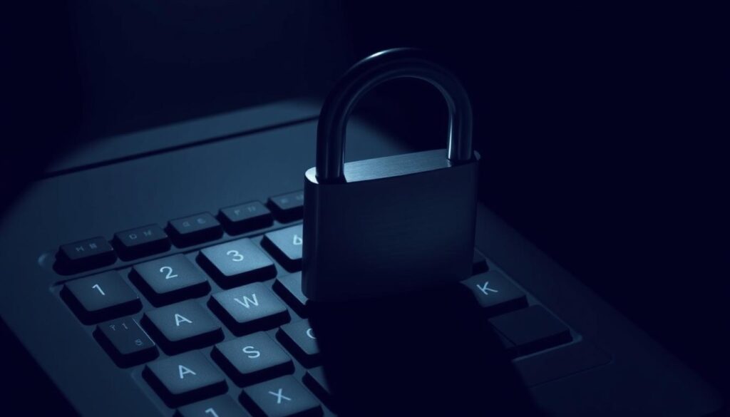 A dark, moody illustration of a padlock over a keyboard, symbolizing the importance of password security. The padlock casts long shadows, conveying a sense of weight and gravity. The keyboard is depicted in a slightly off-center, angled perspective, drawing the viewer's eye to the padlock. The lighting is dramatic, with strong contrasts between light and shadow, creating a somber, serious atmosphere. The overall scene evokes the need for vigilance and care when it comes to protecting personal data from potential threats.