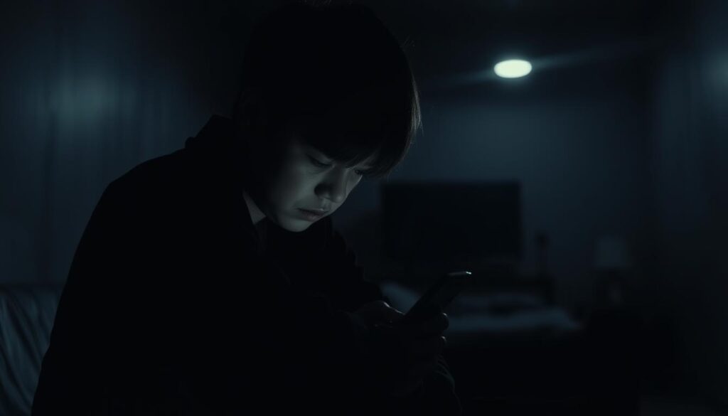 A dark, moody room with a figure hunched over a smartphone, their expression troubled and distant. Harsh overhead lighting casts deep shadows, conveying a sense of psychological burden. In the background, a blurred, minimalist environment with muted tones, emphasizing the subject's isolation. The composition is tight, focused on the person's pensive posture, evoking the emotional toll of oversharing on social media. The scene has a cinematic, documentary-style aesthetic, drawing the viewer into the subject's introspective state.