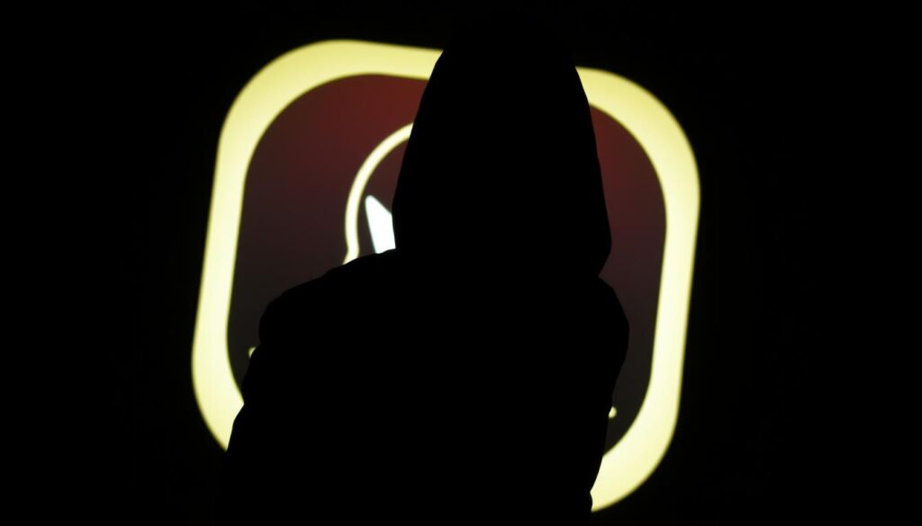 A dark, ominous backdrop of a sinister-looking application icon, its edges glowing with an unsettling aura. In the foreground, a shadowy figure cautiously hovers over the icon, their face obscured, conveying a sense of hesitation and unease. The lighting is dramatic, creating deep shadows and highlights that heighten the sense of danger and risk. The overall atmosphere is one of apprehension and distrust, reflecting the dangers of downloading applications from untrustworthy sources.