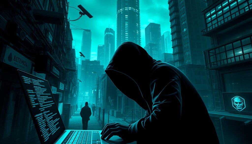 A dark, ominous cyberpunk cityscape, bathed in an eerie blue-green glow. In the foreground, a hooded figure hunches over a laptop, lines of code cascading across the screen. Holographic displays flicker, revealing glimpses of sensitive data, financial records, and personal information. The middle ground is cluttered with surveillance cameras, satellites, and shadowy figures moving furtively between alleyways. In the background, towering skyscrapers loom, their windows dark and foreboding, hinting at the unseen dangers lurking within the digital realm. The scene conveys a sense of vulnerability, as the secure digital infrastructure that supports modern life is under constant threat from malicious cyber attacks.