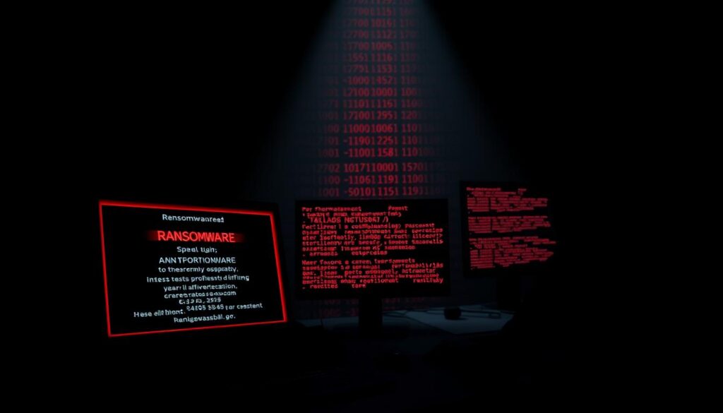 A dark, ominous scene depicting the spread of ransomware. In the foreground, a stylized computer screen shows a sinister ransom message, the background glowing with an eerie red light. In the middle ground, binary code streams across multiple screens, representing the rapid propagation of the malware. The background features a shadowy figure hunched over a keyboard, pulling the strings behind the attack. Dramatic chiaroscuro lighting casts ominous shadows, heightening the sense of foreboding. The overall mood is one of techno-dystopian dread, visually conveying the unseen danger and unsettling nature of ransomware.