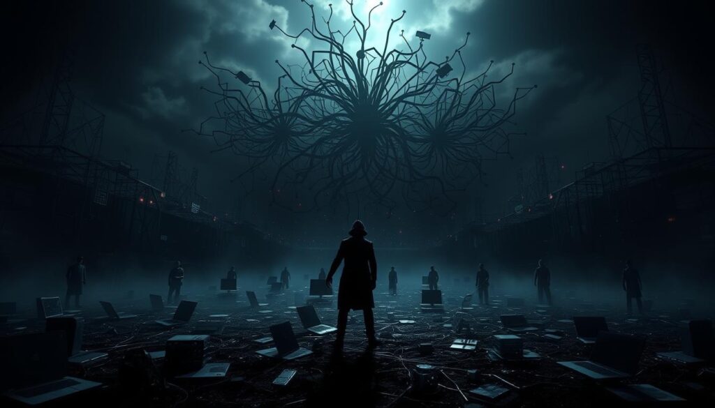 A dark, ominous scene of a malware's insidious spread. In the foreground, a stylized, glitching figure representing the malware, its tendrils reaching out menacingly. The middle ground depicts a network of interconnected devices, each one a potential victim, as the malware propagates through unseen channels. In the background, a chaotic, distorted landscape of digital infrastructure, hinting at the broader impact of the malware's infiltration. The lighting is a sinister combination of deep shadows and ominous, glowing highlights, creating a sense of unease and impending danger. The overall mood is one of dread and the relentless, unseen threat of the malware's relentless advance.