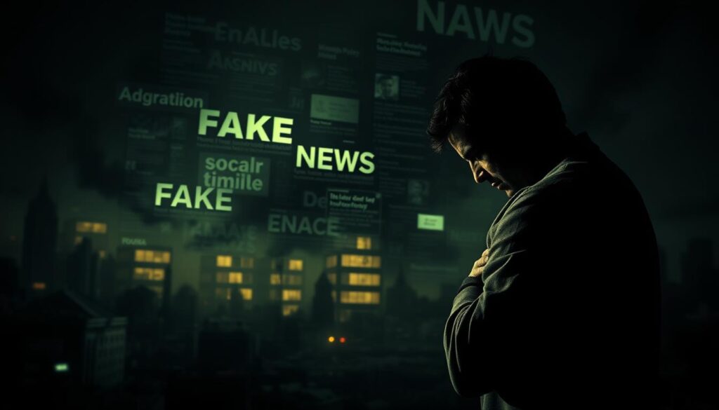 A dark, unsettling scene of the negative impacts of fake news. In the foreground, a distressed figure clutches their head, overwhelmed by a barrage of misinformation swirling around them, represented by glowing, distorted text and symbols. The middle ground is hazy, with fragmented, conflicting headlines and social media posts casting an ominous shadow. In the background, a blurred landscape of chaos and confusion, with buildings and infrastructure crumbling, symbolizing the wider societal damage caused by the spread of disinformation. Dramatic chiaroscuro lighting casts dramatic shadows, heightening the sense of unease and urgency. Captured with a wide-angle lens to emphasize the scale and impact of the issue.