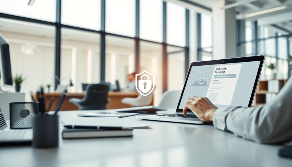 A digital crime reporting scene set in a modern office environment. In the foreground, a person sitting at a desk intently typing on a laptop, surrounded by office supplies and a minimalist decor. The middle ground features a stylized digital security icon and a reporting form on the laptop screen, hinting at the task at hand. The background showcases a sleek, contemporary room with large windows, conveying a sense of professionalism and efficiency. The lighting is bright and natural, creating a clean, focused atmosphere. The overall mood is one of proactivity and diligence in addressing online criminal activities.