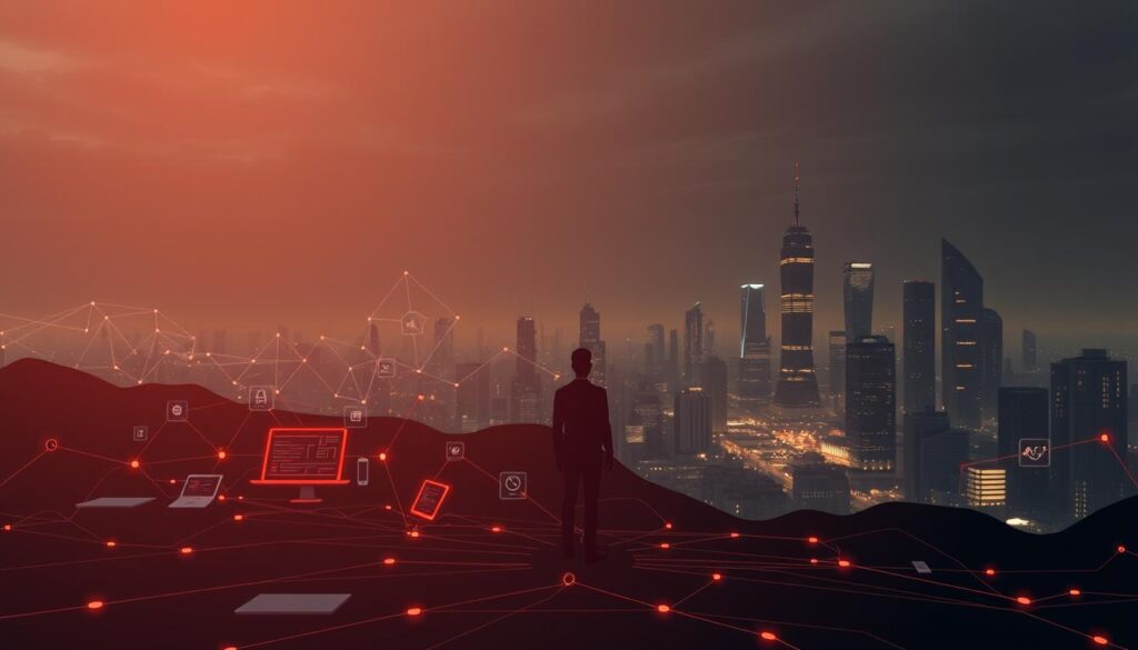 A digital landscape depicting the key ethical aspects of the modern digital world. In the foreground, a stylized human figure symbolizing the individual stands amidst a network of interconnected digital devices and interfaces. The middle ground features abstract geometric shapes and data visualizations, representing the complex systems and infrastructure of the digital realm. In the background, a dimly lit cityscape with towering skyscrapers and glowing windows, hinting at the broader societal implications of digital ethics. Warm lighting casts a contemplative mood, while the composition conveys a sense of balance between the individual, technology, and the broader digital ecosystem. Rendered in a minimalist, elegant style with a muted color palette.