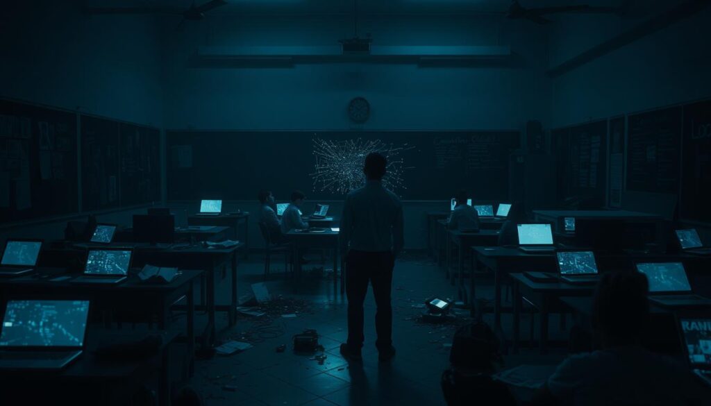 A dimly lit classroom, desks and chairs scattered haphazardly, digital devices emitting an eerie glow. Shattered screens, corrupted files, and a palpable sense of unease. In the foreground, a teacher stands, helpless, surrounded by bewildered students. The once vibrant educational space now feels like a battleground, the aftermath of a relentless cyber attack. Shadows creep in, hinting at the unseen forces that have disrupted the very foundation of this institution. The scene conveys a sense of vulnerability, a stark reminder of the pressing need to safeguard the digital landscape of education.