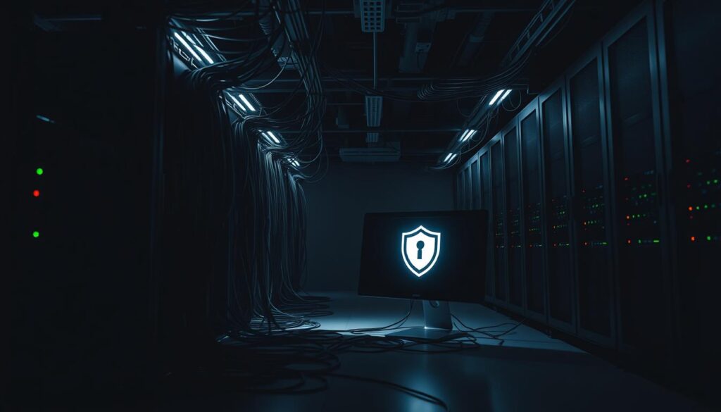 A dimly lit computer network hub, cables snaking across the floor and into the shadows. Servers hum softly, their LED indicator lights flickering. The scene conveys a sense of vulnerability, with unseen threats lurking in the network. A single workstation sits in the foreground, its screen displaying a stylized network security icon, symbolizing the need for heightened vigilance. Overhead, harsh industrial lighting casts dramatic shadows, creating an ominous atmosphere. The image should evoke a feeling of caution and the importance of safeguarding one's digital assets against potential cyber attacks.
