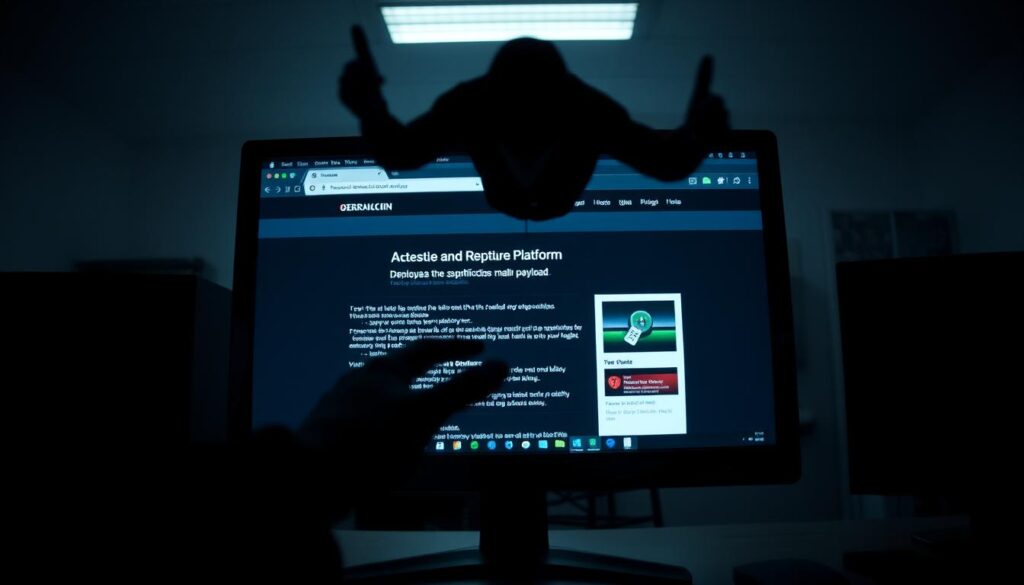 A dimly lit computer screen displays a deceptive website, masquerading as a trusted and reputable platform. In the foreground, a shadowy figure hovers, their hands deftly navigating the interface, deploying a sophisticated malware payload. The scene is captured with a cinematic, low-angle perspective, evoking a sense of unease and danger. The lighting is moody, casting dramatic shadows and highlighting the ominous atmosphere. The background fades into a hazy, nondescript office setting, emphasizing the invisible, stealthy nature of the threat. The overall composition conveys the hidden dangers that can lurk within seemingly harmless online environments, a stark warning to unsuspecting users.