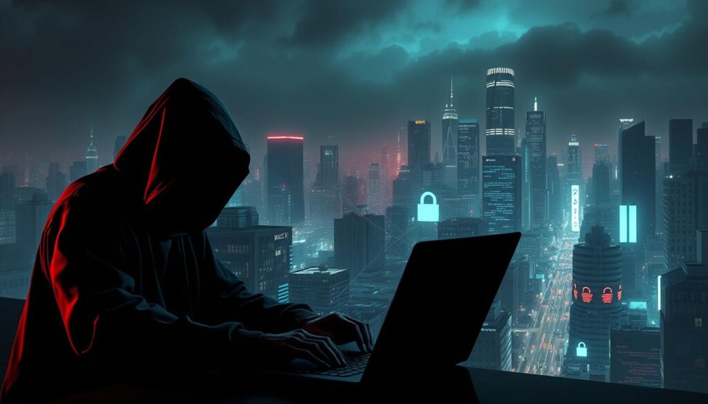 A dimly lit cyberpunk-inspired scene depicting the digital privacy threats facing students. In the foreground, a hooded figure looming over a laptop, symbolizing the omniscient presence of online surveillance. The middle ground features a tangled web of data streams, digital fingerprints, and hacking tools, creating a sense of vulnerability. In the background, a cityscape of towering skyscrapers and neon-lit streets conveys the vast, impersonal scale of the digital landscape. The overall mood is one of unease, highlighting the pressing need for students to proactively manage their digital privacy.