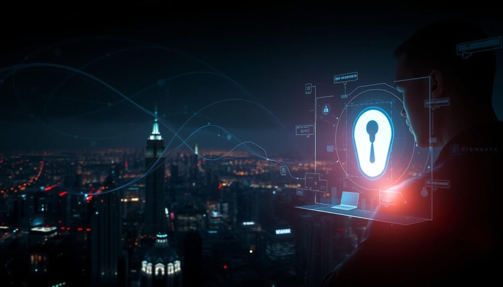 A dimly lit digital landscape with a central focus on a secure network hub. In the foreground, a cybersecurity expert analyzes a holographic display, their face illuminated by the soft glow of screens. Swirling data streams and secure encryption protocols fill the middle ground, while in the background, a cityscape of skyscrapers and interconnected devices symbolizes the vast reach of the digital world. Dramatic shadows and highlights create a sense of urgency and importance, conveying the gravity of maintaining cyber defenses in the modern era.