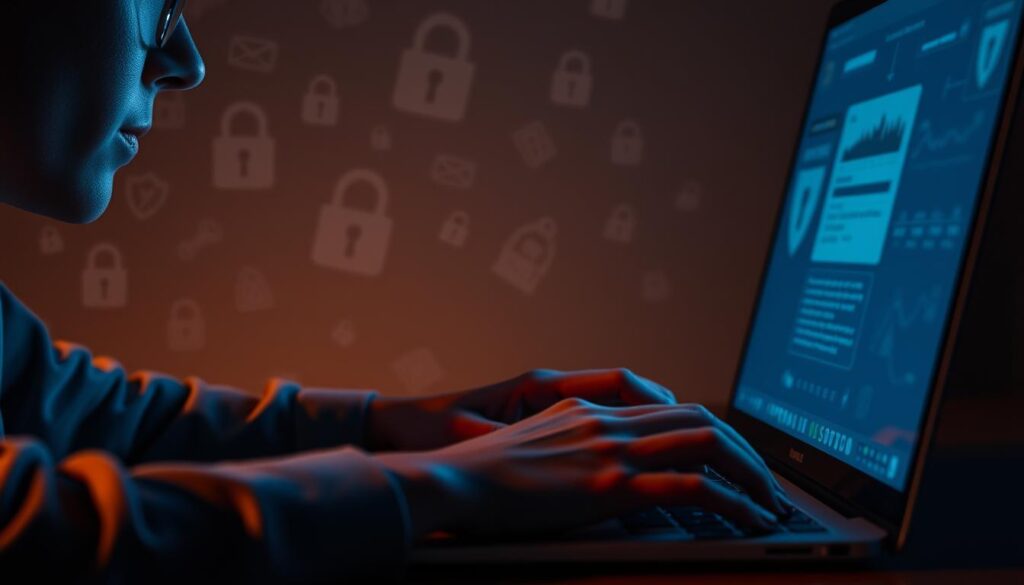 A dimly lit digital landscape, with a laptop screen casting a soft glow on a person's face. In the foreground, their hands carefully navigate online transactions, mindful of potential scams. The middle ground showcases various security icons and warning signs, hinting at the risks of careless digital behavior. The background features a subtle pattern of stylized locks and shields, symbolizing the need for robust online safety measures. Warm lighting creates an atmosphere of cautious contemplation, as the subject considers practical steps to prevent online fraud.