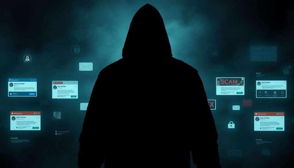 A dimly lit digital landscape, with a shadowy figure lurking in the foreground, casting a sinister gaze. In the middle ground, various online scams unfold - phishing emails, fake websites, and fraudulent social media accounts. The background depicts a hazy, uncertain digital realm, filled with the unseen dangers of cybercrime. The scene conveys a sense of unease and the need for vigilance against the ever-evolving tactics of online fraudsters targeting unsuspecting individuals.