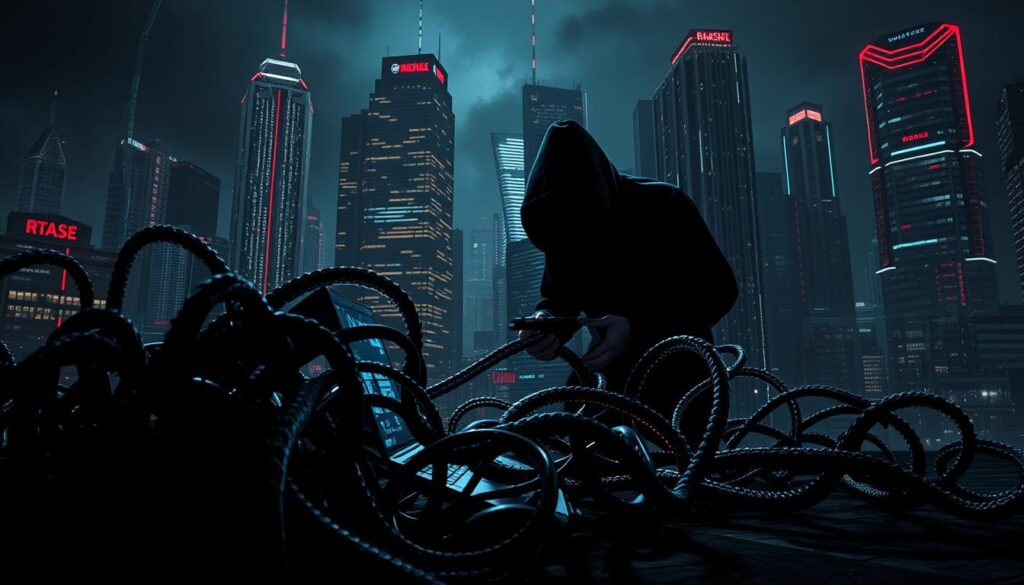 A dimly lit, gritty cyberpunk landscape depicting various forms of ransomware malware. In the foreground, a tangle of ominous-looking digital tentacles, their tendrils ensnaring a laptop, conveying the invasive and insidious nature of these threats. In the middle ground, a shadowy figure wielding a hacking device, their face obscured, symbolizing the shadowy actors behind these attacks. In the background, a cityscape of towering, neon-lit skyscrapers, their surfaces marred by glitching digital artifacts, creating an unsettling atmosphere of technological vulnerability. Dramatic chiaroscuro lighting casts dramatic shadows, heightening the sense of danger and unease. The overall scene conveys the diverse and evolving nature of ransomware, from its physical manifestation to the unseen human elements driving these malicious campaigns.