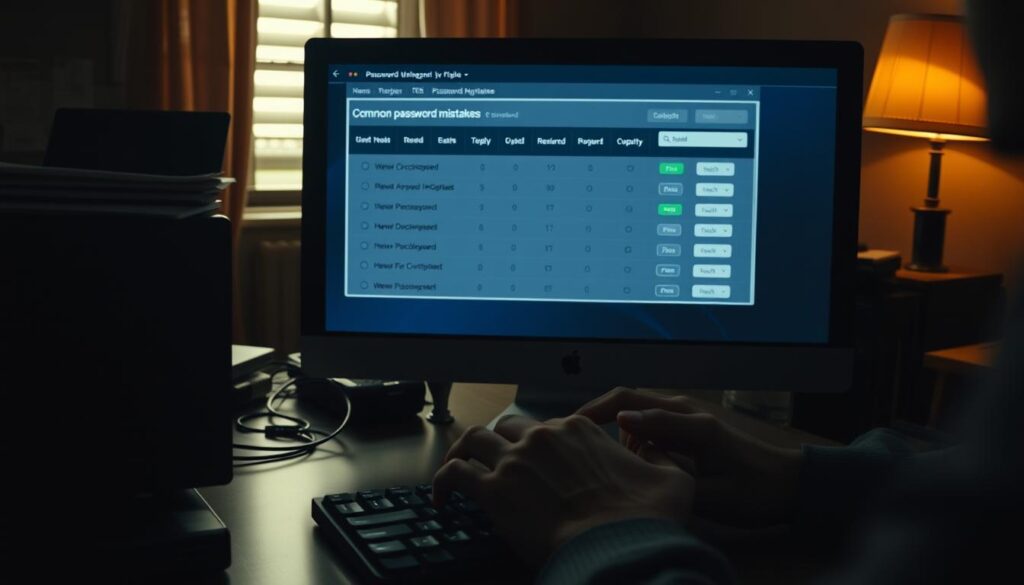 A dimly lit home office, the glow of a computer screen casting shadows on a cluttered desk. On the screen, a password manager window open, highlighting common password mistakes - weak, reused, or easily guessed credentials. In the foreground, a person's hands hesitantly tapping the keyboard, brow furrowed in frustration. The atmosphere is one of digital vulnerability, a cautionary tale of the consequences of poor password hygiene. Moody lighting and a sense of unease pervade the scene, underscoring the importance of secure password management.