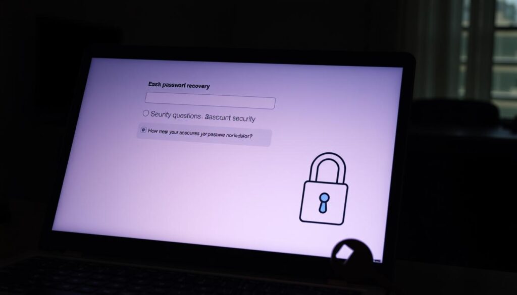 A dimly lit office setting, a laptop screen displaying a password recovery interface with security questions. On the desk, a stylized illustration of a key and a lock, conveying the importance of account security. Soft, warm lighting casts a pensive mood, emphasizing the thoughtful process of securing one's digital identity. The scene exudes a sense of care and responsibility, encouraging the viewer to engage with the password recovery system as a means of protecting their online accounts.