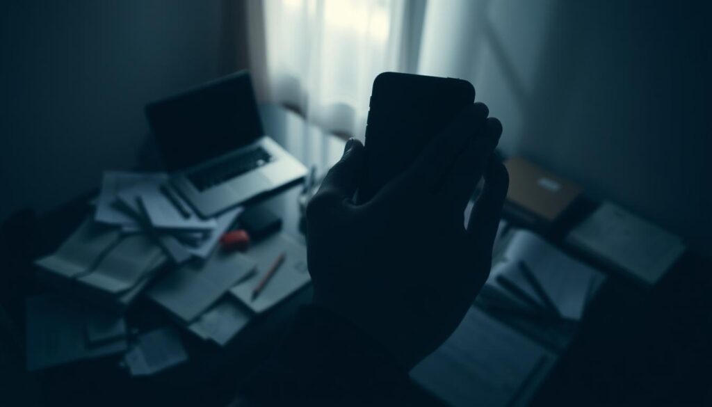 A dimly lit room, shadows cast across a cluttered desk. Scattered documents, open laptop, and a smartphone screen aglow, conveying the sense of sensitive information vulnerability. In the foreground, a hand hovers uncertainly over the device, alluding to the risks of oversharing personal data online. The scene is captured through a shallow depth of field, emphasizing the tension and unease of the moment. Muted tones and a somber atmosphere suggest the gravity of the security implications arising from excessive digital self-disclosure.