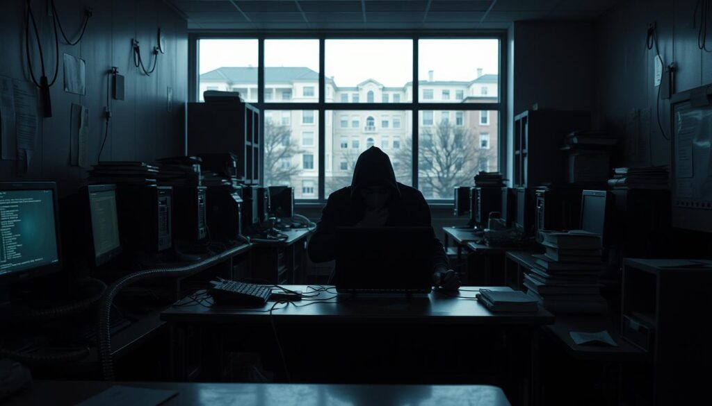 A dimly lit university computer lab, desks scattered with tangled cables and glowing screens. In the center, a lone hacker hunched over a laptop, fingers flying across the keyboard as lines of code cascade across the display. Shadows cast by the glow of the monitor shroud their face in mystery, creating an ominous atmosphere. The room is cluttered with stacks of books and papers, hinting at the sensitive academic data being infiltrated. Outside, the campus buildings loom, their façades reflecting the unseen breach unfolding within. The scene conveys the weight and impact of a cyber attack on an institution of higher learning, disrupting the pursuit of knowledge and challenging the safety of educational spaces.