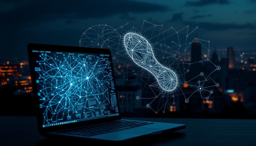 A hyper-detailed digital landscape depicting the far-reaching implications of our online footprint. In the foreground, a student's laptop screen displays a complex web of interconnected digital trails, representing the myriad ways their actions and interactions leave an indelible mark across the virtual realm. The middle ground features a stylized visualization of this digital footprint, with intricate data visualizations and network diagrams highlighting the scale and complexity of the information we generate daily. In the background, a dimly lit cityscape serves as a metaphor for the broader societal implications, hinting at issues of privacy, security, and the blurred boundaries between our online and offline lives. Soft, moody lighting casts an air of contemplation, inviting the viewer to consider the profound, far-reaching impact of our digital traces.