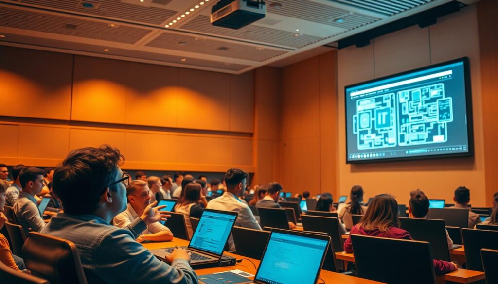 A lecture hall filled with students intently focused on their laptops, the warm glow of the overhead lighting casting a contemplative atmosphere. In the foreground, a professor gesticulates animatedly, guiding the class through the intricacies of a complex IT system displayed on the projection screen. The middle ground features a diverse group of students, their expressions ranging from rapt attention to thoughtful contemplation, underscoring the challenge of effectively imparting technical knowledge. The background showcases the university's modern architecture, hinting at the institutional backdrop for this educational endeavor. The scene conveys the serious yet stimulating nature of implementing IT education, where the delicate balance between theory and practice must be navigated with care.