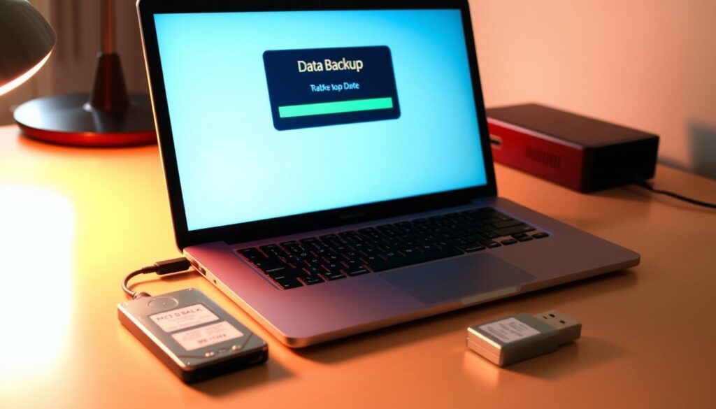 A neatly organized desk with a laptop, external hard drive, and backup USB drive, bathed in warm, directional lighting. The laptop screen displays a backup progress bar, symbolizing the importance of regular data backups. The external drive and USB have labels indicating their backup purposes. The scene conveys a sense of diligence and proactivity in safeguarding digital information, reflecting the need for students to prioritize this crucial aspect of digital security.