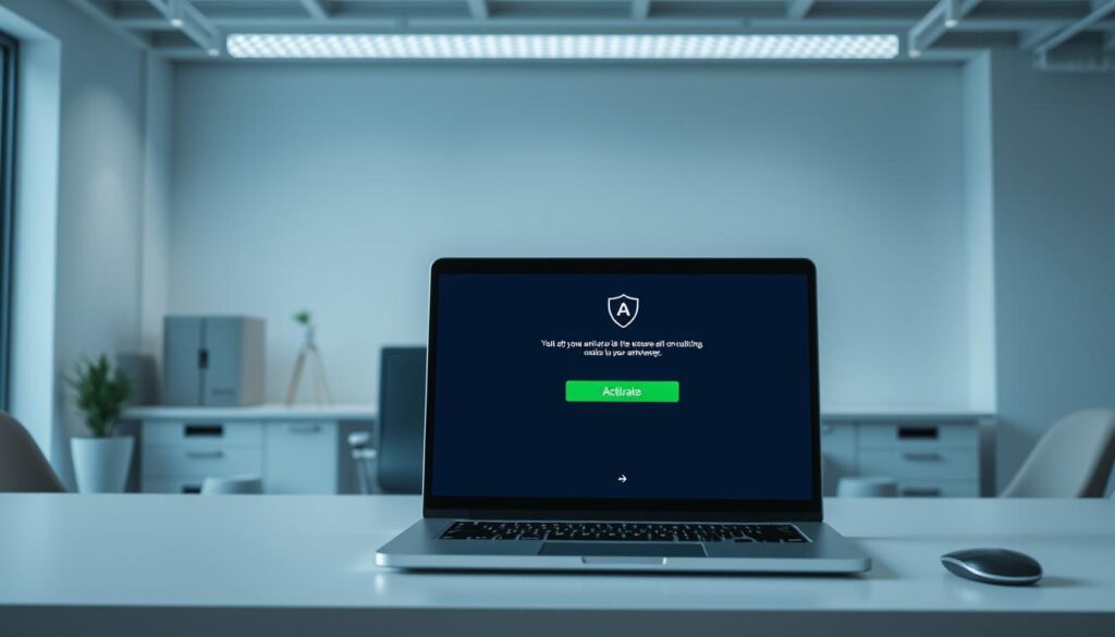 A neatly organized desktop scene with a sleek antivirus software interface in the foreground. The screen displays a prominent "Activate" button and clear instructions. In the middle ground, a laptop with the antivirus logo stands open, showcasing the program's interface. The background features a minimalist office setting with clean lines, neutral colors, and subtle lighting, creating a professional, technology-focused atmosphere. The overall composition conveys a sense of efficiency and user-friendly accessibility, guiding the viewer through the activation process.