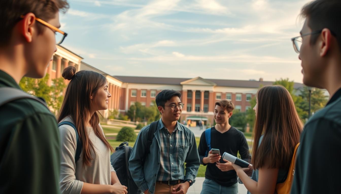 A peaceful university campus scene, captured through a wide-angle lens. In the foreground, students engage in thoughtful discussions, their body language conveying empathy and understanding. The middle ground showcases campus buildings with a modern, welcoming architecture, surrounded by lush greenery. In the background, a clear sky with soft, diffused lighting creates a calming, serene atmosphere. The overall mood evokes a sense of community, open communication, and a collaborative approach to addressing the challenges of cyberbullying within the academic environment.