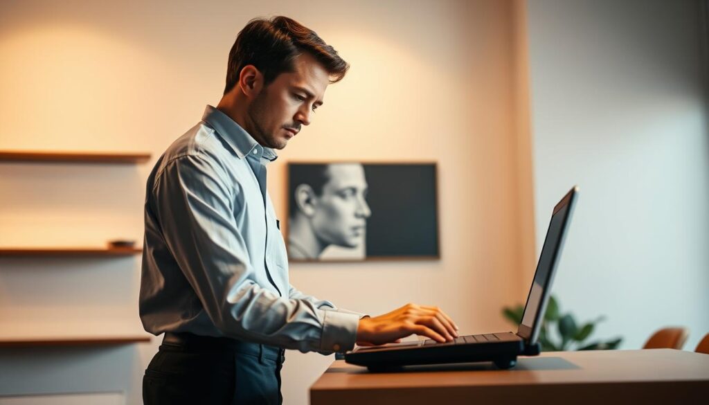 A professional software developer standing confidently in a well-lit, minimalist office setting. They are dressed in a crisp, collared shirt and slacks, exuding an air of competence and expertise. The developer is gazing intently at a laptop screen, fingers poised over the keyboard, deep in thought as they tackle a complex coding challenge. The background features clean, uncluttered walls, with a few modern design elements like sleek shelving or artwork that complement the sophisticated, professional atmosphere. Warm, directional lighting casts subtle shadows, highlighting the developer's focused expression and the efficient, organized workspace. An overall tone of diligence, problem-solving, and technical mastery pervades the scene.