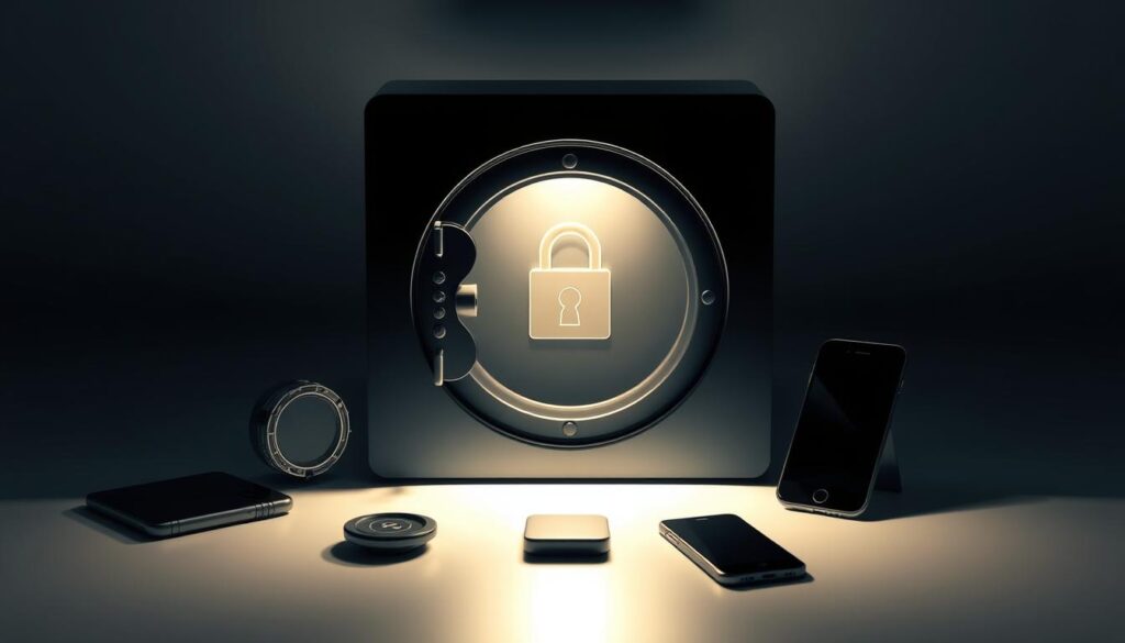 A secure digital vault with a lock icon, surrounded by authentication tokens and mobile devices. The vault is illuminated by a soft, directional light, casting subtle shadows and highlights that convey a sense of depth and dimension. The background is a minimalist, gradient-based environment, allowing the central elements to take visual precedence. The overall mood is one of technological sophistication and robust security, suitable for illustrating the concept of two-factor authentication.