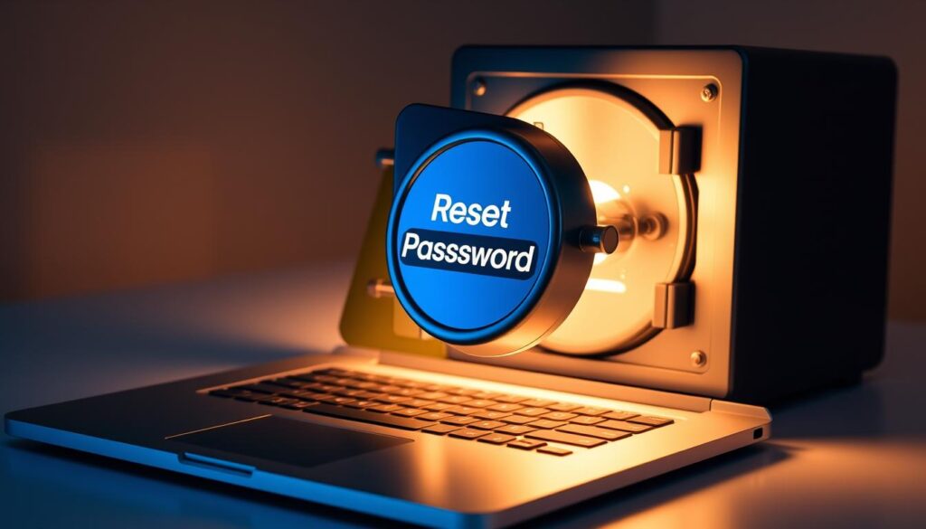 A secure digital vault with a stylized "Reset Password" button, hovering over a laptop keyboard. The vault is illuminated by soft, warm lighting, conveying a sense of privacy and protection. The laptop is placed on a sleek, minimalist desk, with a subtle gradient background hinting at a modern, professional setting. The overall mood is one of confidence and control, emphasizing the importance of regularly updating passwords for enhanced digital security.