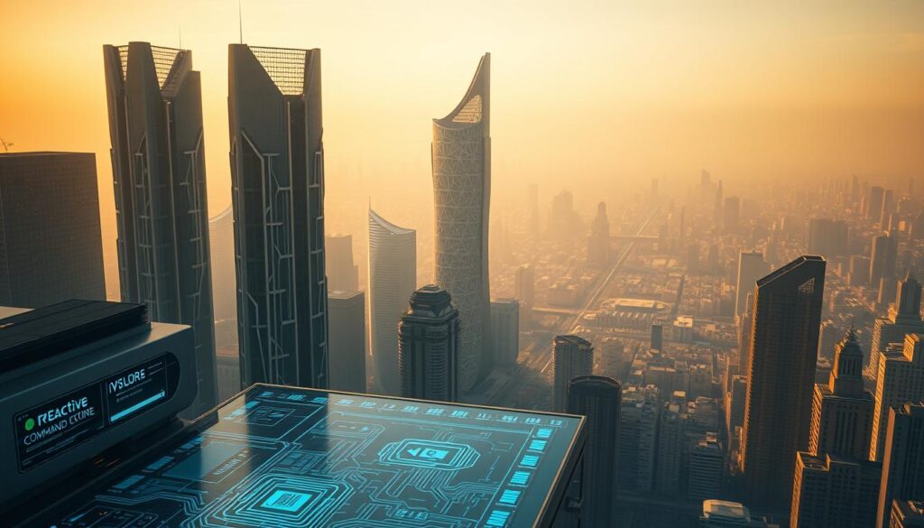 A serene, futuristic cityscape bathed in a warm, ethereal glow. In the foreground, a sleek, advanced cybersecurity command center, its holographic displays and reactive interface panels radiating a sense of technological mastery. In the middle ground, towering skyscrapers with intricate, interlocking circuits etched across their facades, symbolizing the interconnectedness of the digital realm. In the background, a sprawling metropolis shrouded in a soft, hazy atmosphere, hinting at the expansive, ever-evolving nature of the cyber world. The scene conveys a balance of power, innovation, and the constant need to protect the digital landscape.