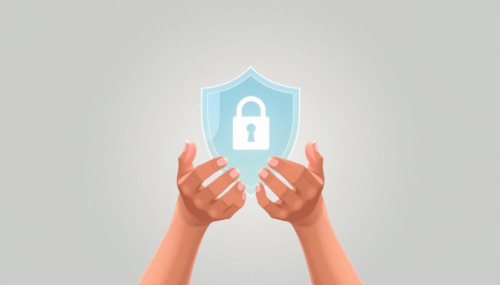 A serene, minimalist illustration depicting a woman's hands securely holding a transparent digital shield, symbolizing the protection of personal data. The foreground features the woman's hands in a contemplative pose, with a soft, diffused light source illuminating the scene. The middle ground showcases the translucent shield, representing the digital safeguards for privacy. The background is a muted, calming palette, emphasizing the importance of maintaining personal digital security. The composition is balanced, with a focus on the central elements, conveying a sense of confidence and control over one's digital privacy.