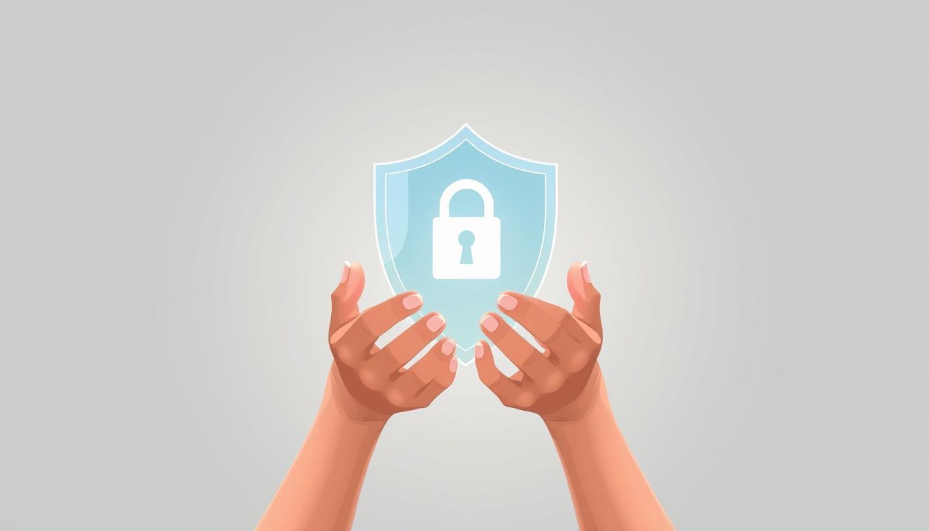 A serene, minimalist illustration depicting a woman's hands securely holding a transparent digital shield, symbolizing the protection of personal data. The foreground features the woman's hands in a contemplative pose, with a soft, diffused light source illuminating the scene. The middle ground showcases the translucent shield, representing the digital safeguards for privacy. The background is a muted, calming palette, emphasizing the importance of maintaining personal digital security. The composition is balanced, with a focus on the central elements, conveying a sense of confidence and control over one's digital privacy.