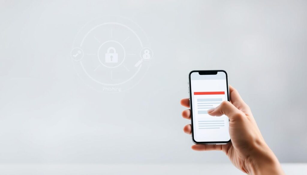A serene, minimalist illustration depicting practical steps to avoid phishing. In the foreground, a person's hand carefully examines a smartphone screen, scrutinizing for signs of a suspicious website. The middle ground showcases a variety of cybersecurity icons, including a shield, lock, and magnifying glass, symbolizing the protective measures against online fraud. The background features a soft, blurred gradient in calming tones, creating a sense of focus and tranquility. Lighting is soft and diffused, with a slightly warm color temperature. The camera angle is slightly elevated, giving a birds-eye view of the scene, conveying a sense of guidance and oversight. The overall mood is one of vigilance, security, and practical digital literacy.