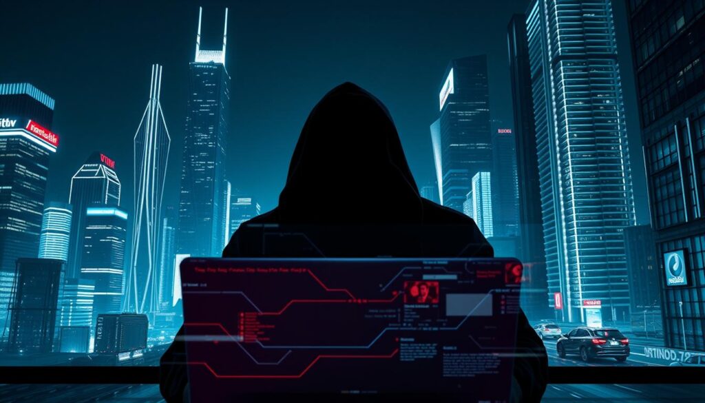 A sleek, futuristic cityscape at night, with towering skyscrapers and neon-lit streets. In the foreground, a shadowy figure hunched over a laptop, their face partially obscured by a dark hood. Holographic displays and digital interfaces flicker and glitch, hinting at the unseen machinations of a sophisticated cybercrime operation. The scene is imbued with a sense of unease and technological unease, capturing the deceptive and elusive nature of digital fraud.