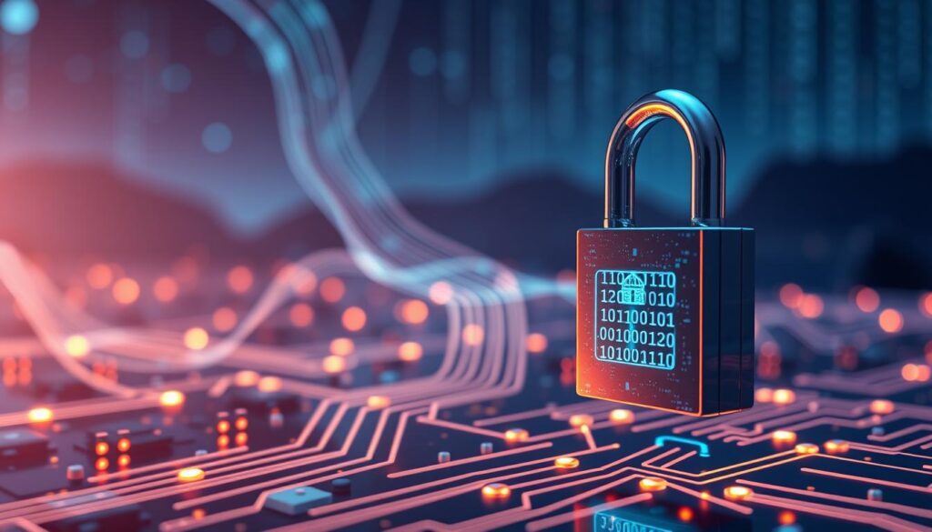 A sleek, futuristic data encryption process. In the foreground, a digital padlock representation, its intricate mechanisms glowing with an ethereal blue light. The middle ground showcases a series of binary code streams, their lines of 1s and 0s twisting and intersecting, creating a mesmerizing visual tapestry. In the background, a landscape of stylized circuit boards and interconnected technology, bathed in a soft, ambient lighting that evokes a sense of security and sophistication. The overall atmosphere is one of technological prowess, where data confidentiality is paramount, conveying the essence of a reliable and impenetrable virtual private network.