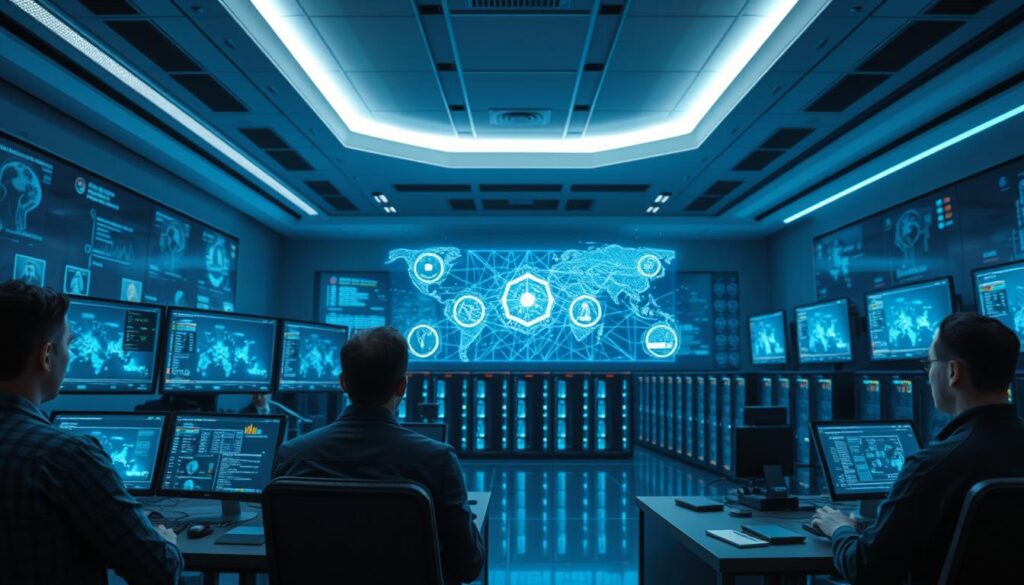 A sleek, high-tech control room with advanced cybersecurity monitoring systems. In the foreground, a team of analysts reviews real-time data visualizations on large curved displays, their faces illuminated by the soft glow of the screens. In the middle ground, a central holographic projection shows a complex network map, pulsing with activity. The background is filled with rows of server racks and state-of-the-art computing hardware, bathed in a cool blue-green lighting scheme. An atmosphere of focused intensity and vigilance pervades the scene, conveying the critical importance of AI-driven cyber defense in the modern digital landscape.