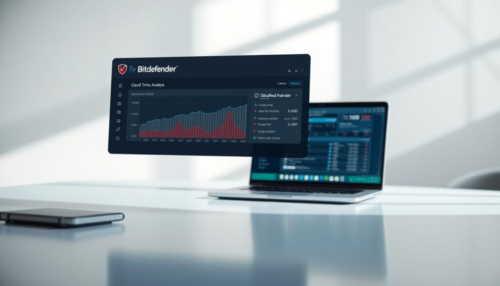 A sleek, minimalist cloud-based malware scanner on a clean, elegant workspace. In the foreground, a floating display panel shows a real-time malware analysis, with dynamic graphs and data visualizations. The middle ground features a laptop or desktop computer, its screen displaying the Bitdefender interface, bathed in soft, directional lighting. The background is a serene, out-of-focus backdrop, conveying a sense of focus and professionalism. The overall mood is one of technological sophistication, efficiency, and trust in Bitdefender's cloud-powered malware detection capabilities.