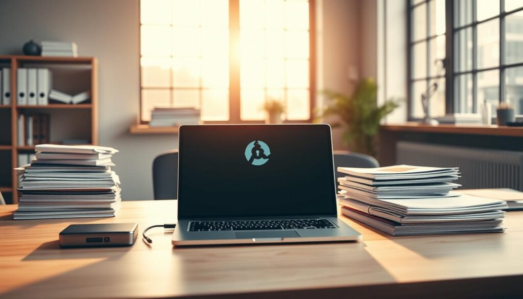 A sleek, minimalist office workspace with a laptop, external hard drive, and stacks of organized documents. Warm, natural lighting filters through large windows, casting a soft, productive glow. The desk is clean and uncluttered, with a stylized backup icon prominently displayed on the laptop screen. Subtle textures and materials like wood, metal, and glass create a modern, professional ambiance. The scene conveys a sense of efficiency, security, and the importance of safeguarding crucial data.
