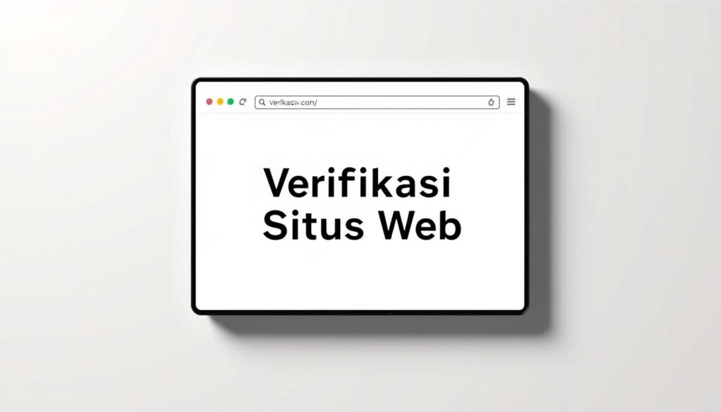 A sleek, minimalist web browser window prominently displaying the text "Verifikasi Situs Web" in a clean, modern font. The interface features simple navigation controls and a search bar, conveying the idea of verifying website legitimacy. The background is a soft, neutral tone, allowing the central browser window to be the focal point. Subtle lighting from the side casts a gentle shadow, adding depth and dimension to the scene. The overall impression is one of professionalism, efficiency, and the importance of online information validation.