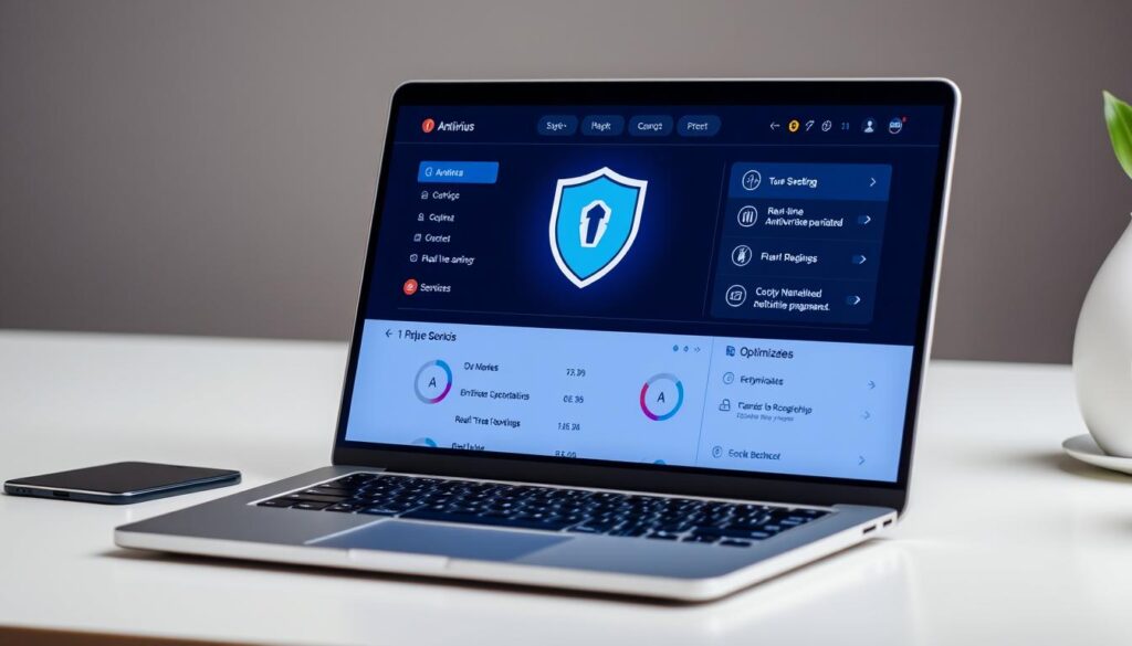 A sleek, modern antivirus interface displayed on a laptop screen, surrounded by a minimalist, clean desktop environment. The antivirus dashboard features intuitive controls, real-time threat monitoring, and customizable optimization settings. Soft, diffused lighting emanates from the screen, creating a sense of focus and productivity. The laptop is positioned at a slight angle, highlighting the seamless integration of hardware and software. The overall tone is one of efficiency, security, and user-friendliness, perfectly suited for the "Tips for Optimizing Antivirus Use" section of the article.