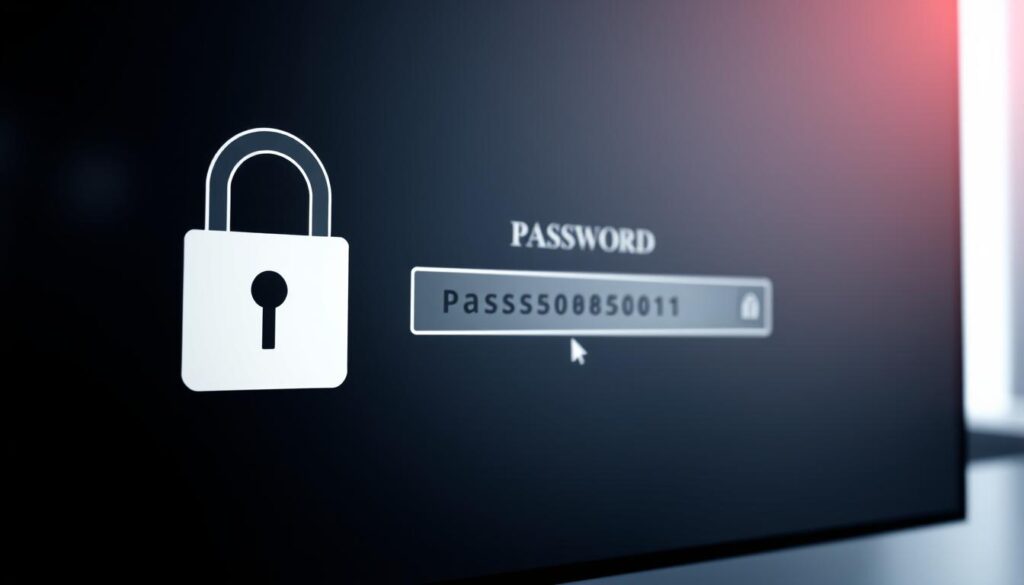 A sleek, modern computer display showcases a secure password creation interface. In the foreground, a stylized padlock icon symbolizes the importance of password strength. The middle ground features a password input field, with elegant typography and a pulsing cursor inviting user interaction. The background blurs into a minimalist, monochromatic scene, creating a sense of focus and simplicity. Subtle lighting casts a soft glow, emphasizing the digital nature of the scene. The overall mood is one of sophistication, security, and technological prowess.