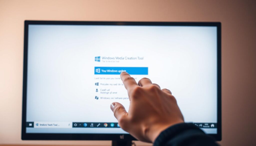A sleek, modern computer display showcases the Windows Media Creation Tool interface, its minimalist design and intuitive layout prominently featured. The screen is bathed in a soft, warm lighting, creating a welcoming and focused atmosphere. In the foreground, a hand hovers over the tool's main options, ready to guide the user through the Windows update process. The background fades into a subtle gradient, directing the viewer's attention to the central tool. The composition conveys a sense of efficiency and confidence, empowering the user to seamlessly update their Windows system.