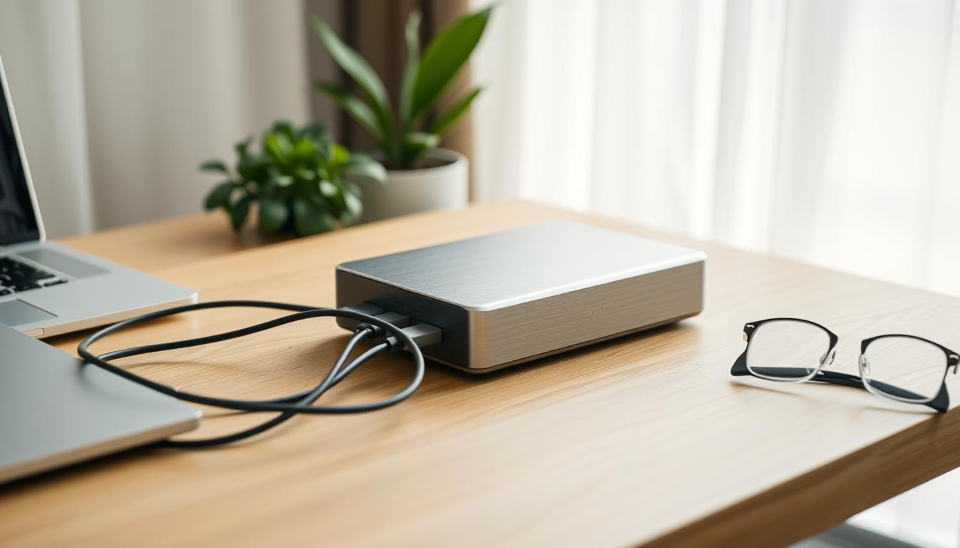 A sleek, modern data storage device resting on a minimalist wooden desk, illuminated by soft, diffused natural lighting filtering through sheer curtains. The device features a clean, minimalist design with a glossy, brushed metal exterior. Cables neatly snake away from the device, creating a sense of order and organization. The desktop is otherwise uncluttered, with a laptop, a plant, and a pair of eyeglasses nearby, conveying a productive, focused work environment. The overall mood is one of efficiency, reliability, and digital security, reflecting the practical nature of data backup and storage.