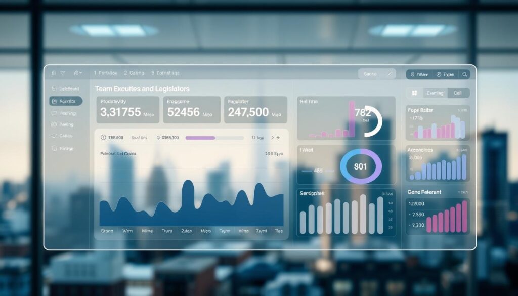 A sleek, modern digital dashboard showcasing key performance metrics for a team of executives and legislators. In the foreground, a stylized graph display presents real-time data on productivity, engagement, and goal attainment. The middle ground features a minimalist interface with intuitive controls and filtering options. In the background, a blurred city skyline conveys a sense of urban dynamism. Soft, indirect lighting creates a professional, technocratic atmosphere. The overall impression is one of sophisticated, data-driven management of a digital political organization.