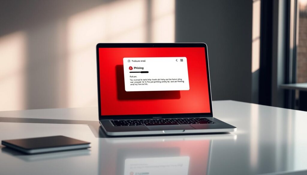 A sleek, modern laptop display on a minimalist desk, showcasing a suspicious-looking email with telltale signs of phishing - misspelled sender name, generic greeting, and a suspicious link. The email hovers against a slightly blurred, yet visually striking background, hinting at the digital dangers that lurk online. Crisp lighting from above casts shadows, emphasizing the fraudulent nature of the content. The scene exudes a sense of caution and vigilance, inviting the viewer to closely examine the hallmarks of phishing scams.
