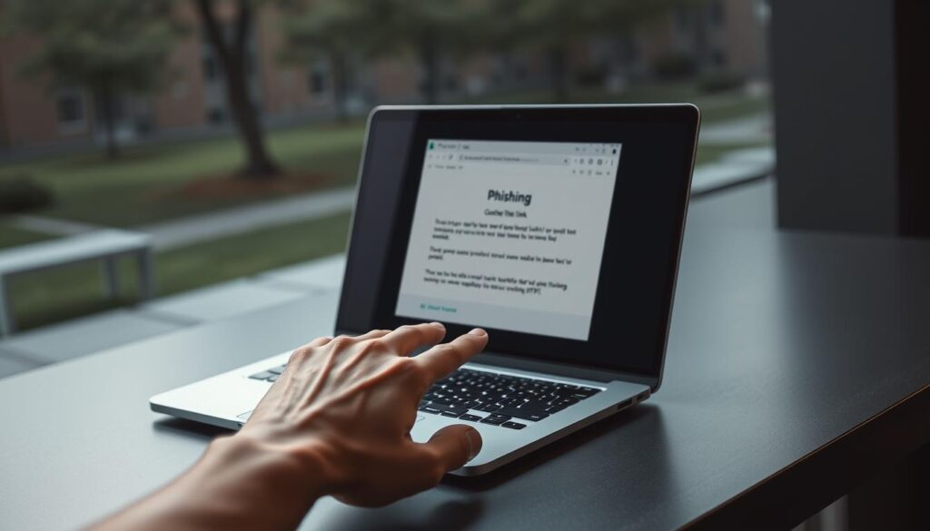 A sleek, modern laptop sits on a dark, minimalist desk, its screen displaying a convincing phishing email. In the foreground, a person's hand hovers over the laptop, hesitating as they consider clicking the suspicious link. The lighting is soft and moody, creating a sense of tension and unease. The background is blurred, with subtle hints of a campus setting, emphasizing the vulnerability of the user in a public Wi-Fi environment. The overall scene conveys the deceptive nature of online phishing attempts and the importance of being vigilant when accessing sensitive information on shared networks.